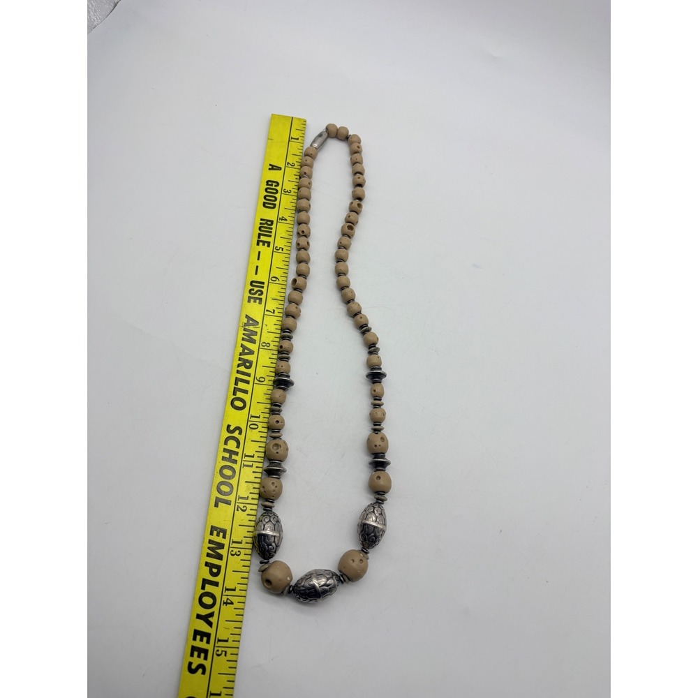 Boho Artisan Tan Carved Bead Necklace Silver Tone Ornate Metal Accents 28 Inch - Picture 3 of 11